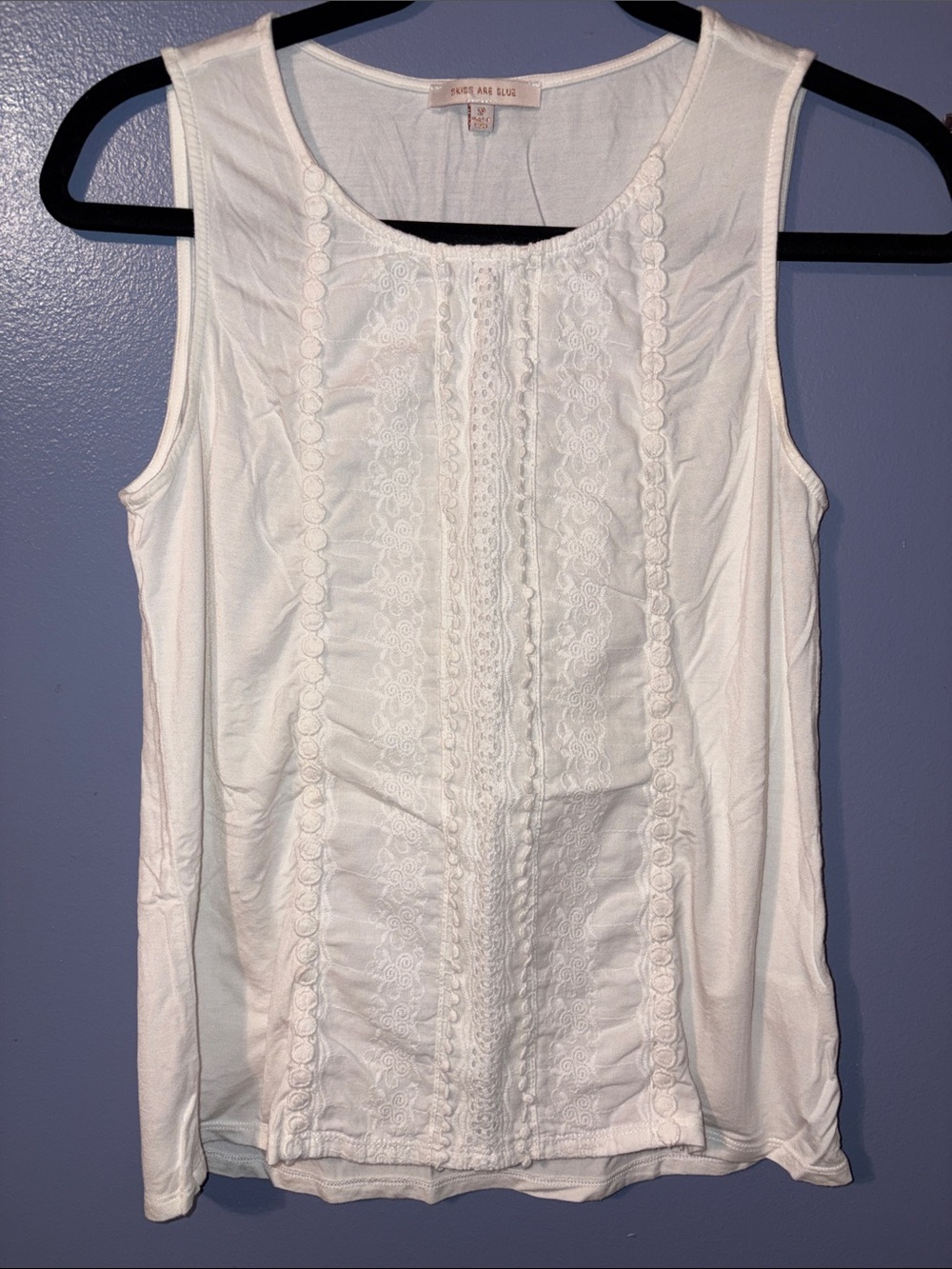 Skies Are Blue White Embroidered Tank Top